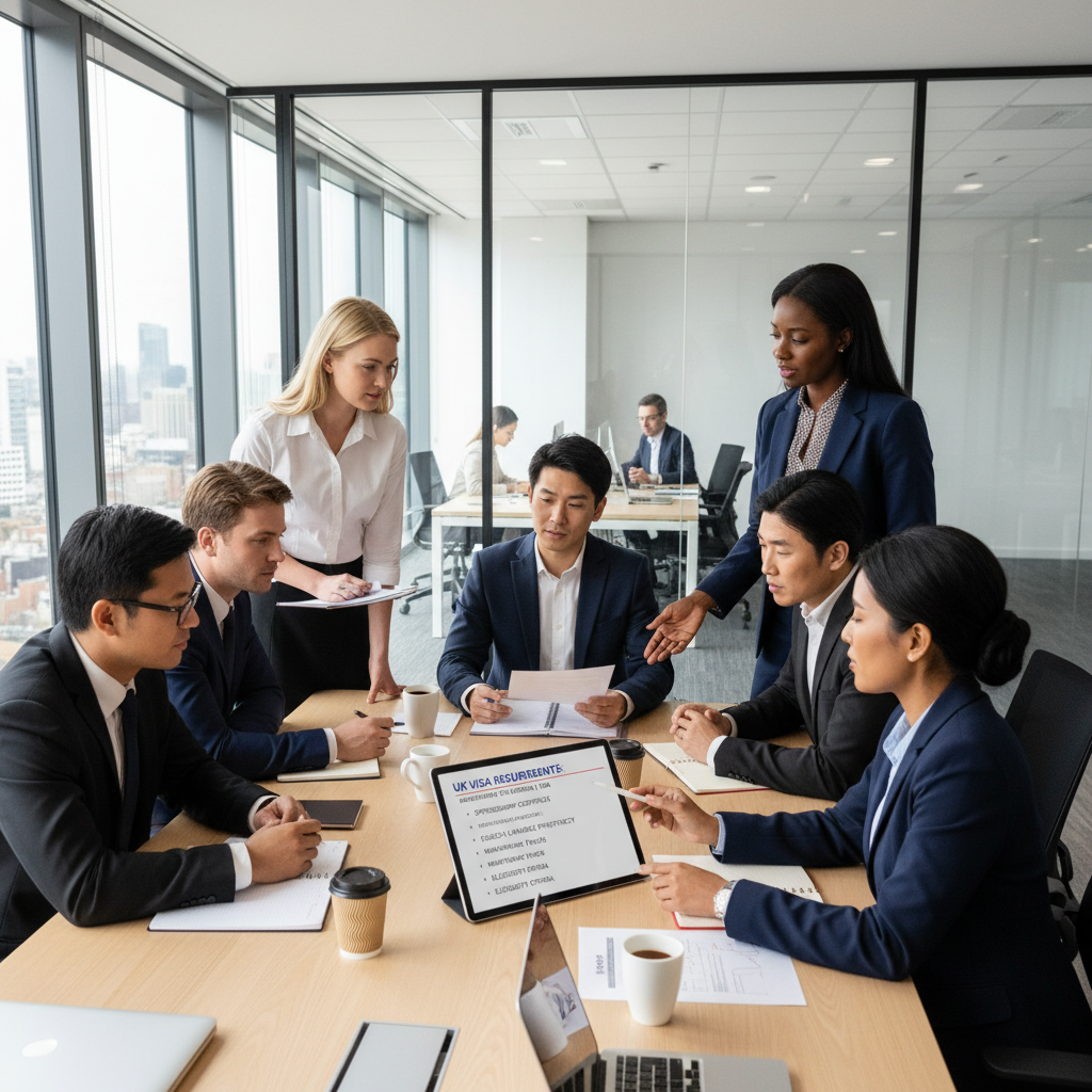 A diverse team of business professionals and a UK corporate immigration lawyer in a modern, brightly lit office, looking at documents and discussing immigration strategies. The lawyer, a person in professional attire, is pointing at a digital tablet displaying UK visa requirements, while the business team listens attentively. The overall scene is collaborative and professional, with a focus on problem-solving.