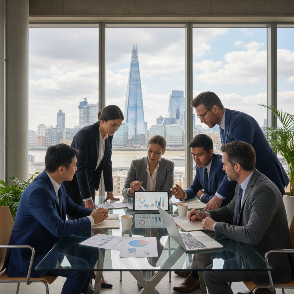 A diverse group of business professionals from various backgrounds collaborating and discussing investment strategies in a modern, light-filled office space overlooking the London skyline. They are looking at charts on a tablet, with a sense of ambition and growth. The scene should be photorealistic with sharp detail.