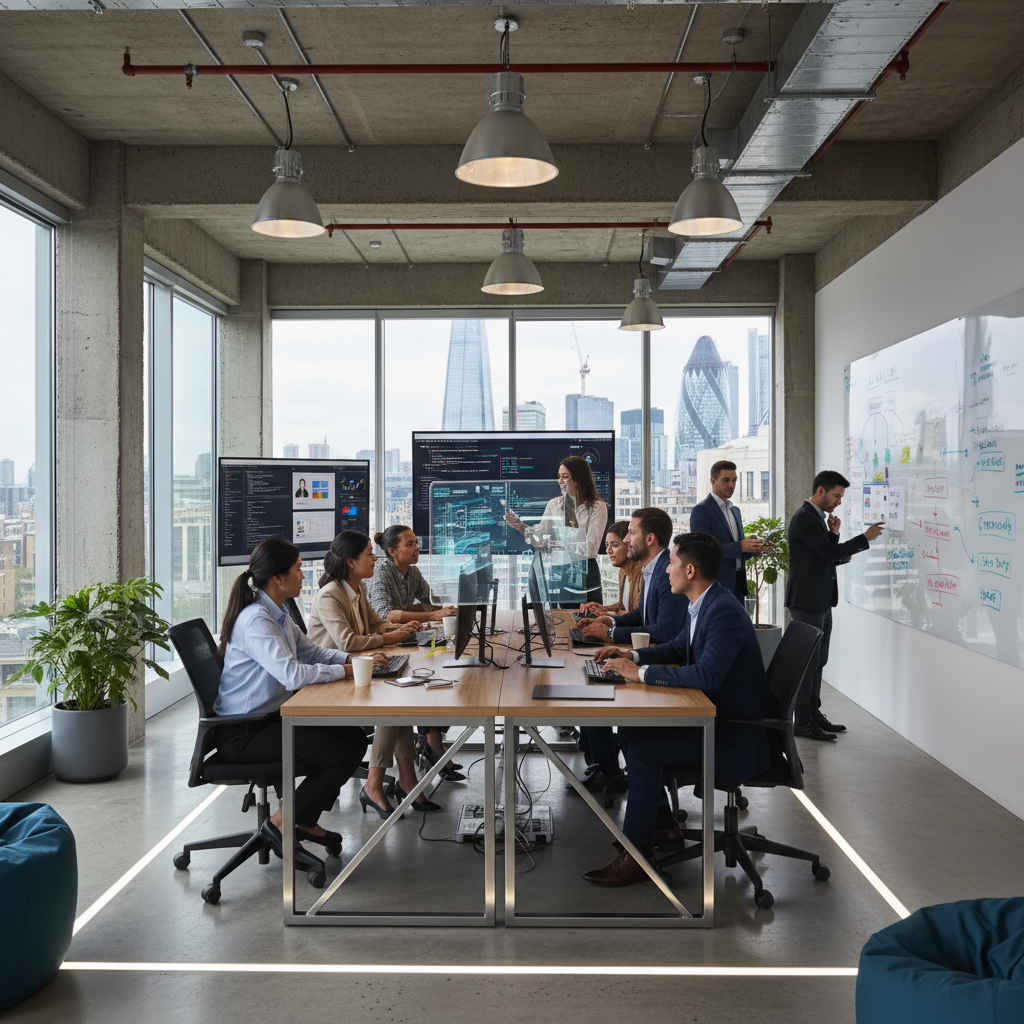 A diverse group of professionals collaborating in a modern, open-plan office filled with technology, screens displaying data, and a whiteboard with innovative ideas, representing the vibrant UK tech sector, with a focus on innovation and collaboration.
