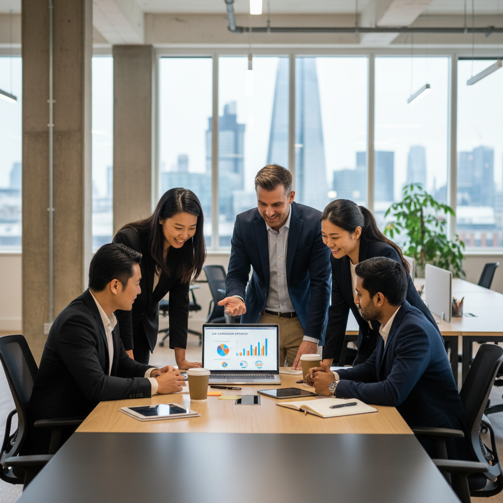 A diverse group of expat business owners, professionally dressed, collaborating in a modern, light-filled co-working space in London, looking at a laptop screen with graphs and business plans. The atmosphere is optimistic and collaborative, reflecting successful UK expat business setup.